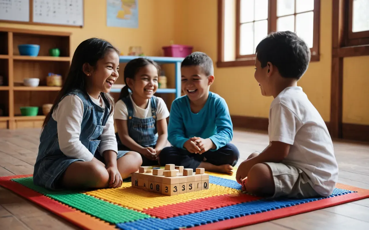 A group of young children sitting on a colorful mat in a bright room. They are laughing and interacting with simple wooden building blocks while an adult teacher encourages them gently.