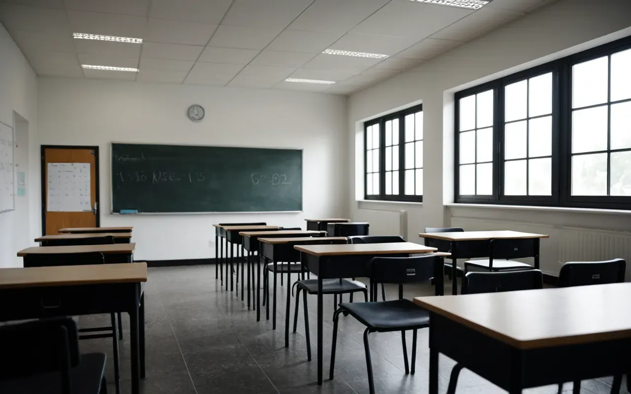 ingilizce dil okulu A modern and minimalist classroom with large windows letting in soft natural light. Rows of empty desks face a whiteboard that is completely blank. The floor is polished wood reflecting the ambient glow.