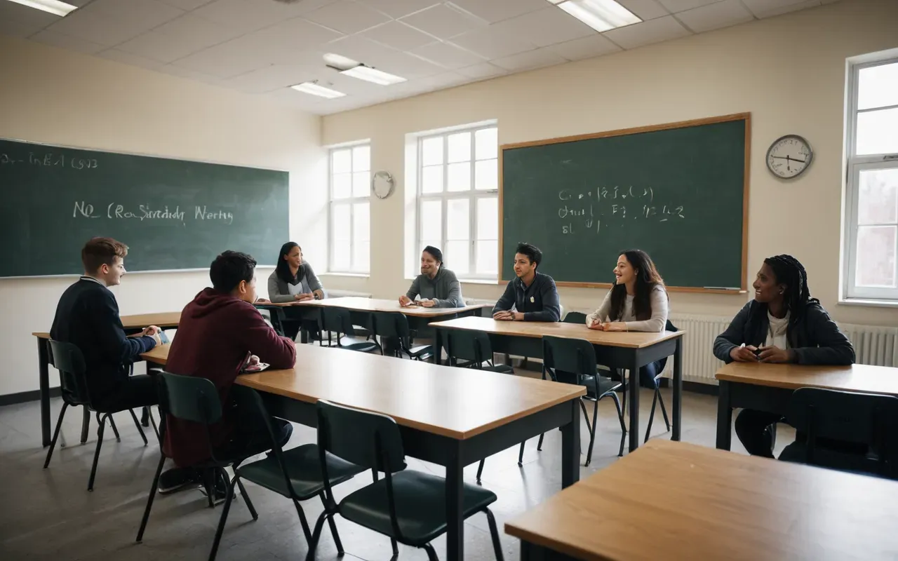 A modern and spacious classroom with bright natural light where a diverse group of students is engaged in lively small-group conversation using simple props. The room features contemporary furniture, warm wooden accents, and large windows that create an inviting atmosphere for collaborative learning.