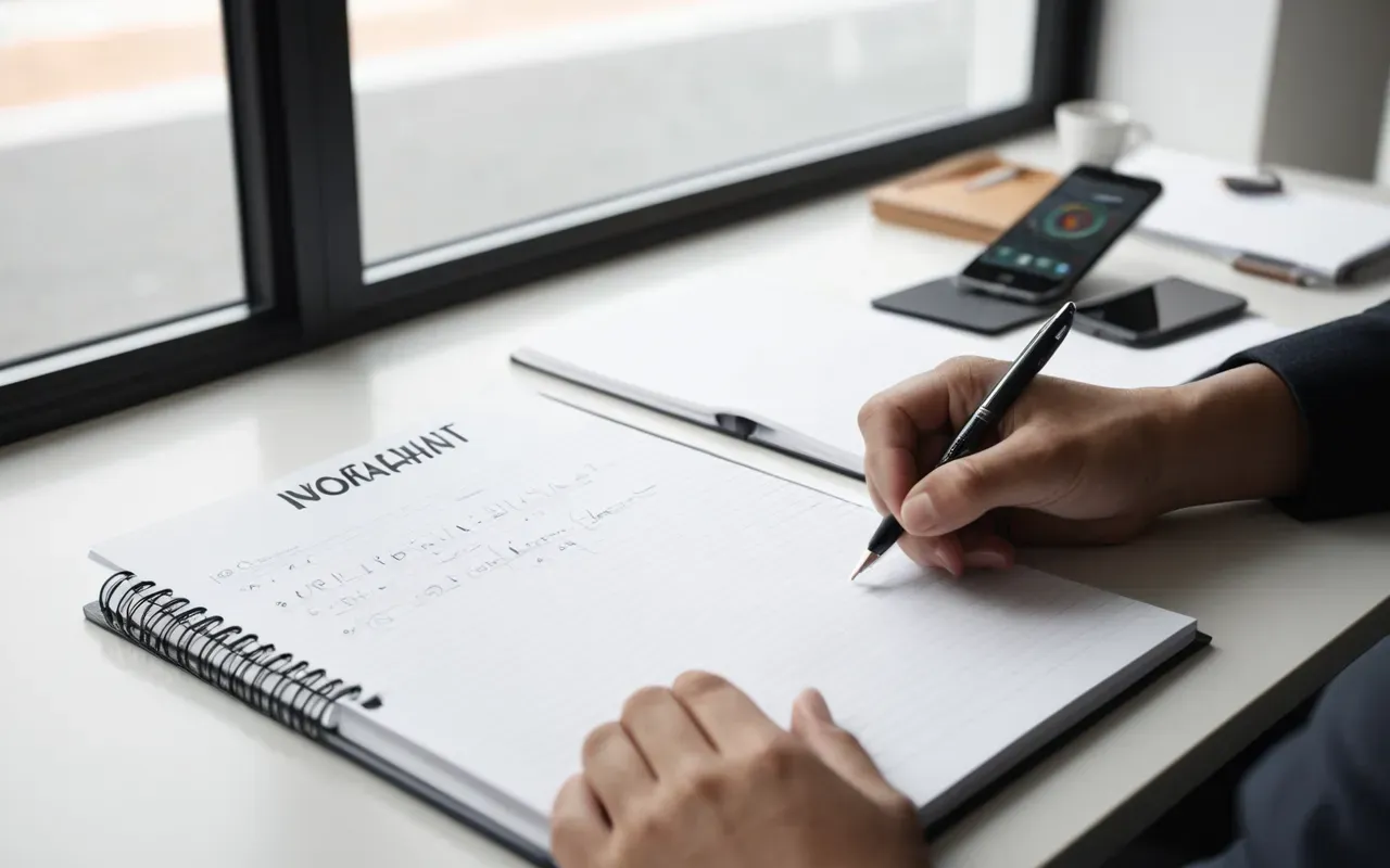 A modern bright office desk with an open notebook and a smartphone. A hand is holding a pen near the page. Soft daylight comes from a window.