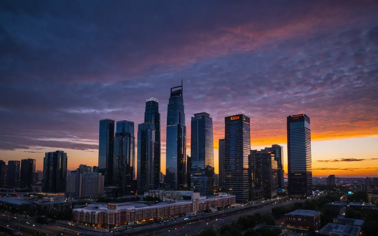 A modern city skyline at dusk with tall glass buildings reflecting the orange sun. The sky is a gradient of deep blue and purple clouds.