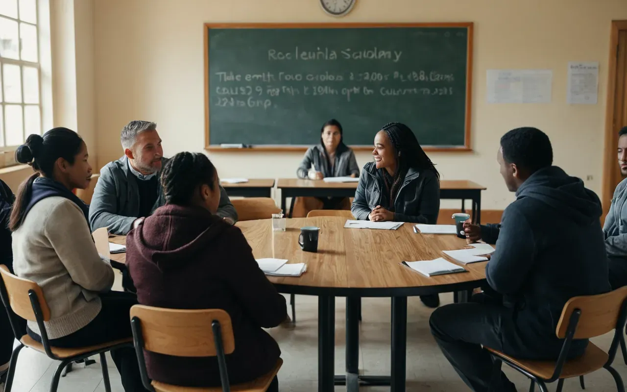 A modern classroom scene with a diverse group of adults sitting in small circles around a table. A teacher is standing and speaking to them. The lighting is bright and natural coming from large windows. On the tables there are notebooks, laptops, and cups of coffee. The atmosphere appears collaborative and focused on conversation.