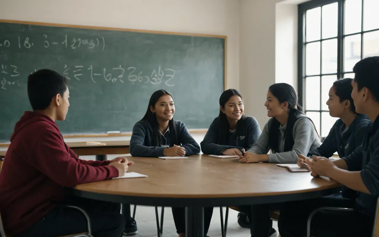 A modern classroom with a small group of five students sitting around a round table. A teacher stands nearby gesturing actively. The room has large windows letting in natural light, whiteboards are blank and clean, and the atmosphere is focused yet relaxed. Neutral colors dominate the space.