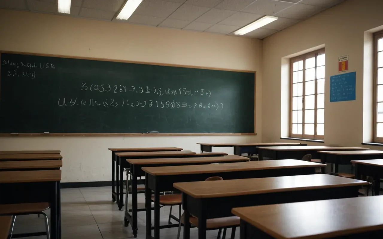 Almanca eğitim modeli A modern classroom with students raising hands in a discussion setting