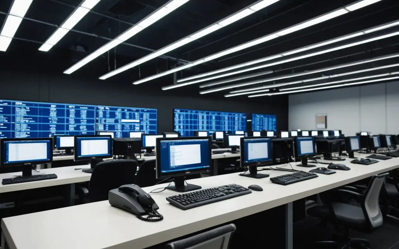 A modern computer testing center with rows of sleek monitors and headsets on desks under bright overhead lighting