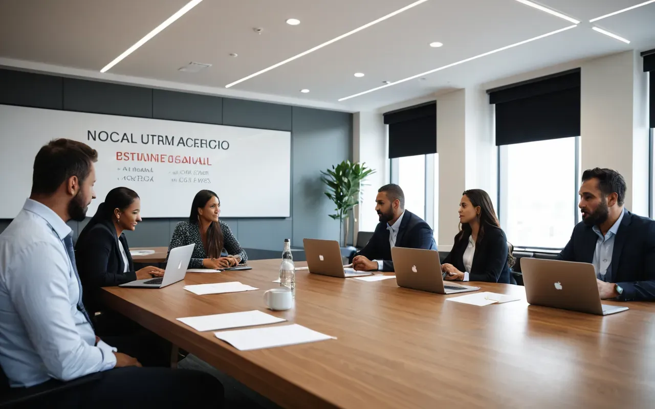 dil eğitim çalıştayı A modern conference room with a long wooden table where diverse adults in business casual wear are engaged in discussion around printed materials and laptops under warm ambient lighting.