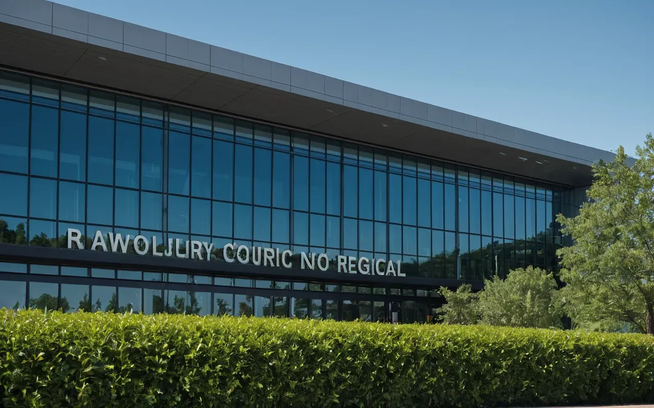 A modern glass building exterior with a clear blue sky and green trees in the foreground.