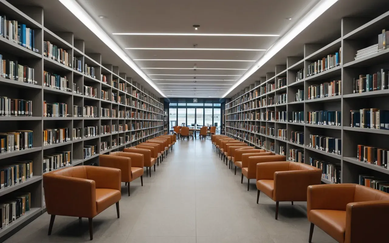 A modern library interior with rows of bookshelves and comfortable reading chairs, bright artificial lighting and clean architectural lines