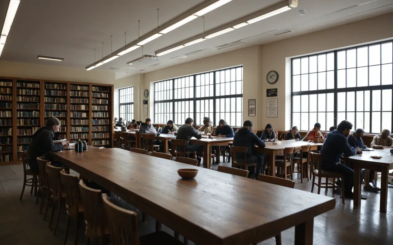 A modern library with a diverse group of people studying at long wooden tables under soft natural light from large windows.