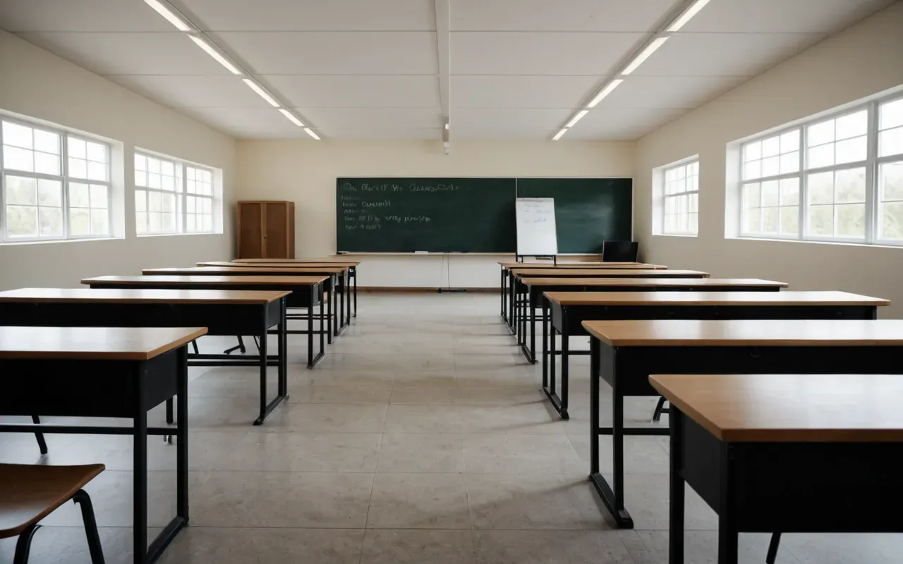 dil eğitimi ortamı A modern minimalist classroom with rows of empty wooden desks and a large whiteboard, soft natural light streaming through floor-to-ceiling windows, clean editorial photography style