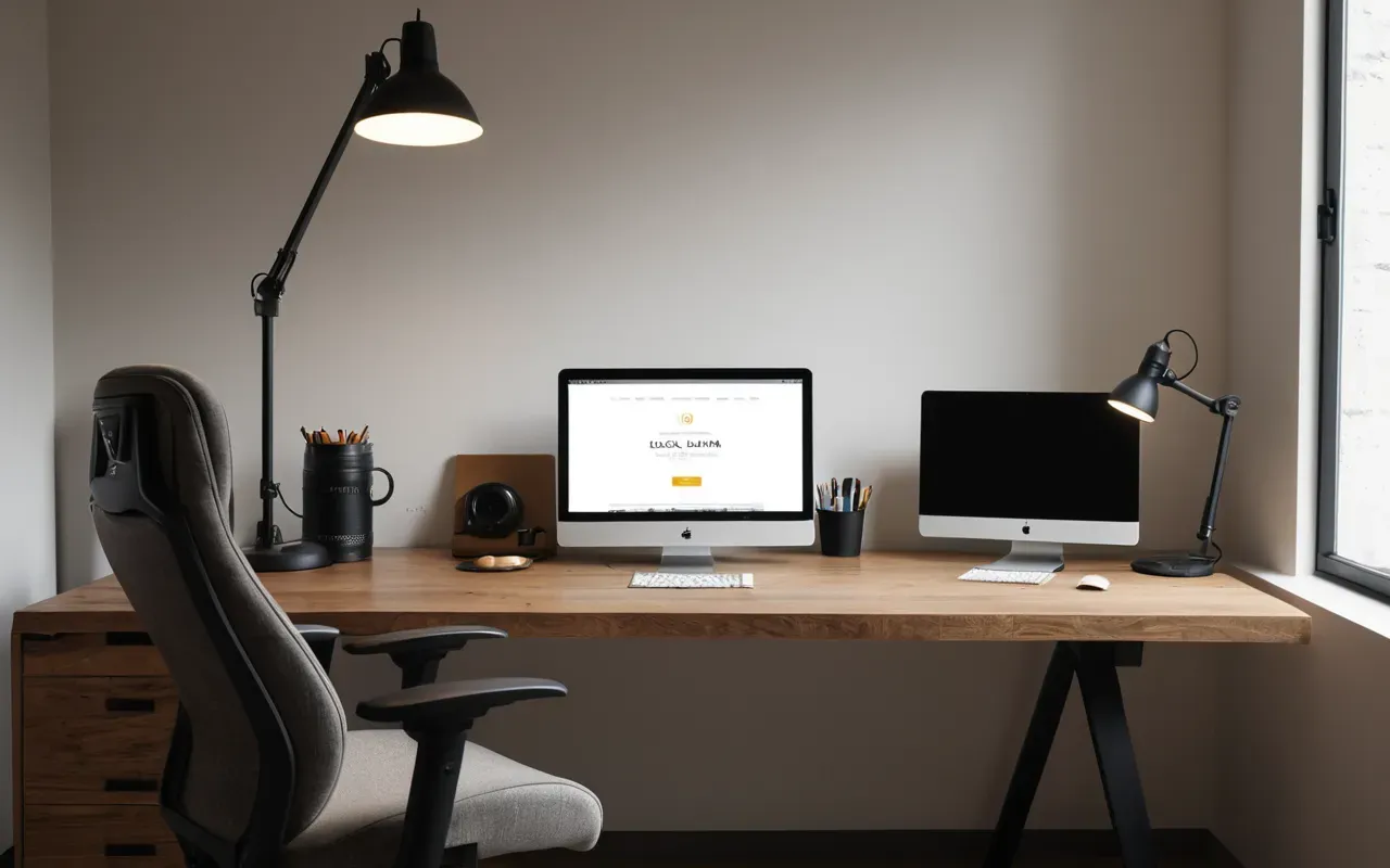 modern dil çalışma alanı A modern minimalist study space with a wooden desk, ergonomic chair and soft ambient lighting from adjustable desk lamp, neutral color palette, clean editorial photography style