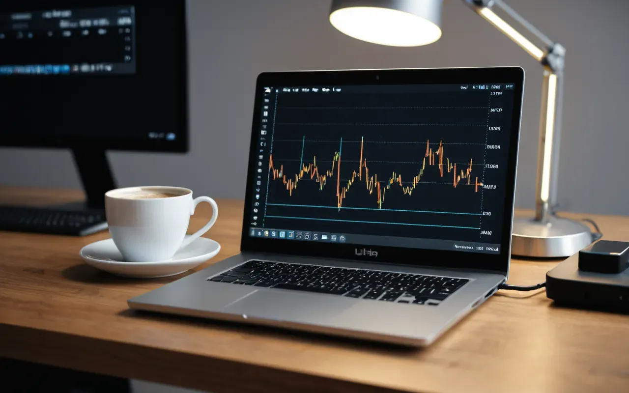 A modern minimalist workspace featuring a sleek laptop displaying a voice waveform interface, soft ambient lighting from a desk lamp, and a cup of coffee nearby, creating a focused and innovative atmosphere for language learning technology development.