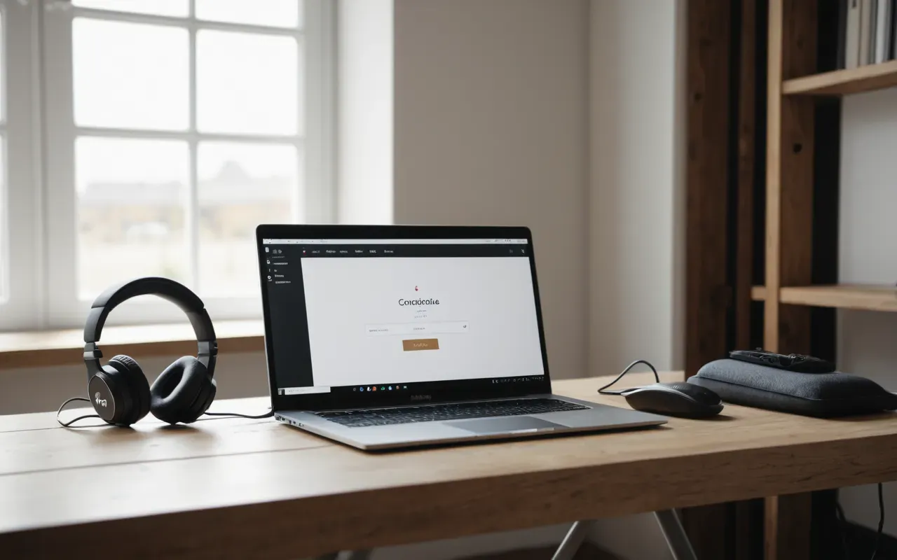 A modern minimalist workspace with a laptop and headphones on a light wood desk, soft daylight illuminating the scene from a side window