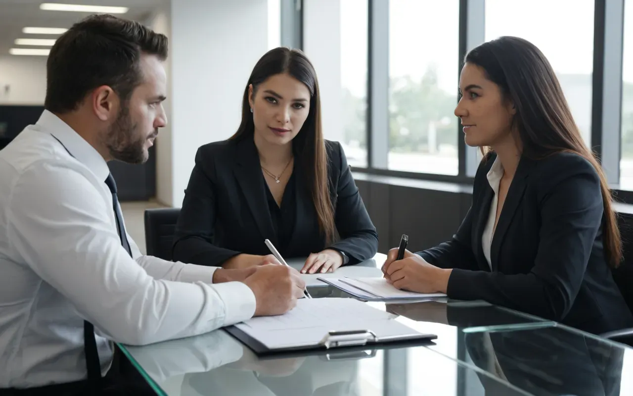 A modern office scene with a hiring manager and two candidates sitting at a glass table. The candidate on the right holds a document folder while looking confident. Soft natural light comes from large windows, creating a professional and calm atmosphere.
