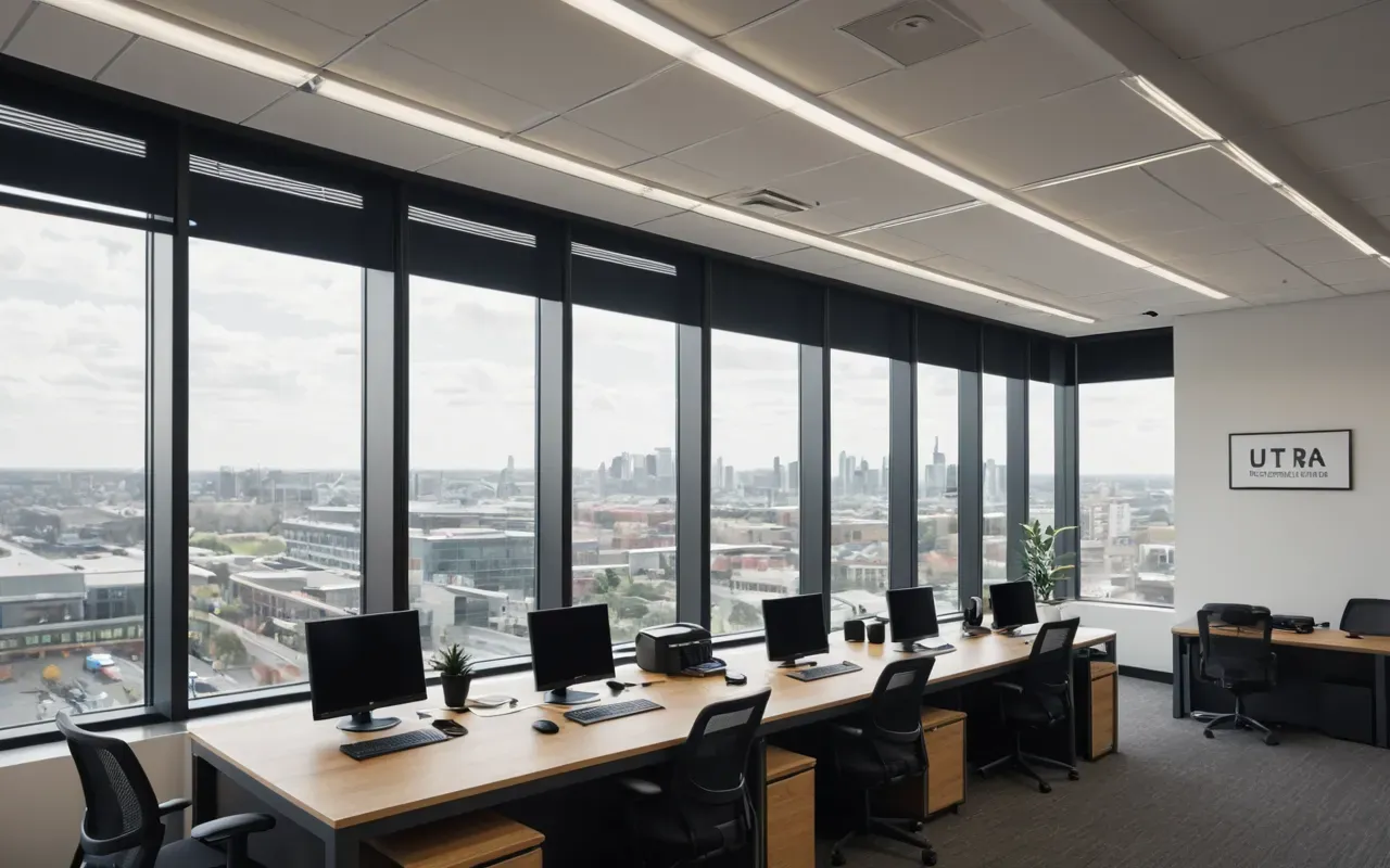 A modern office space with a view of the city through large windows, clean design elements and natural light illuminating the workspace