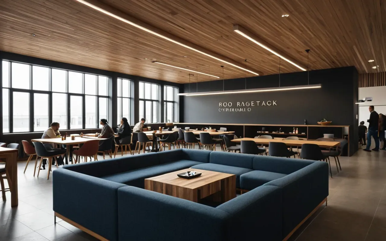 modern dil eğitimi ortamı A modern open-plan learning space with comfortable seating areas, natural wood accents and soft ambient lighting, people engaged in small group discussions, editorial photography style