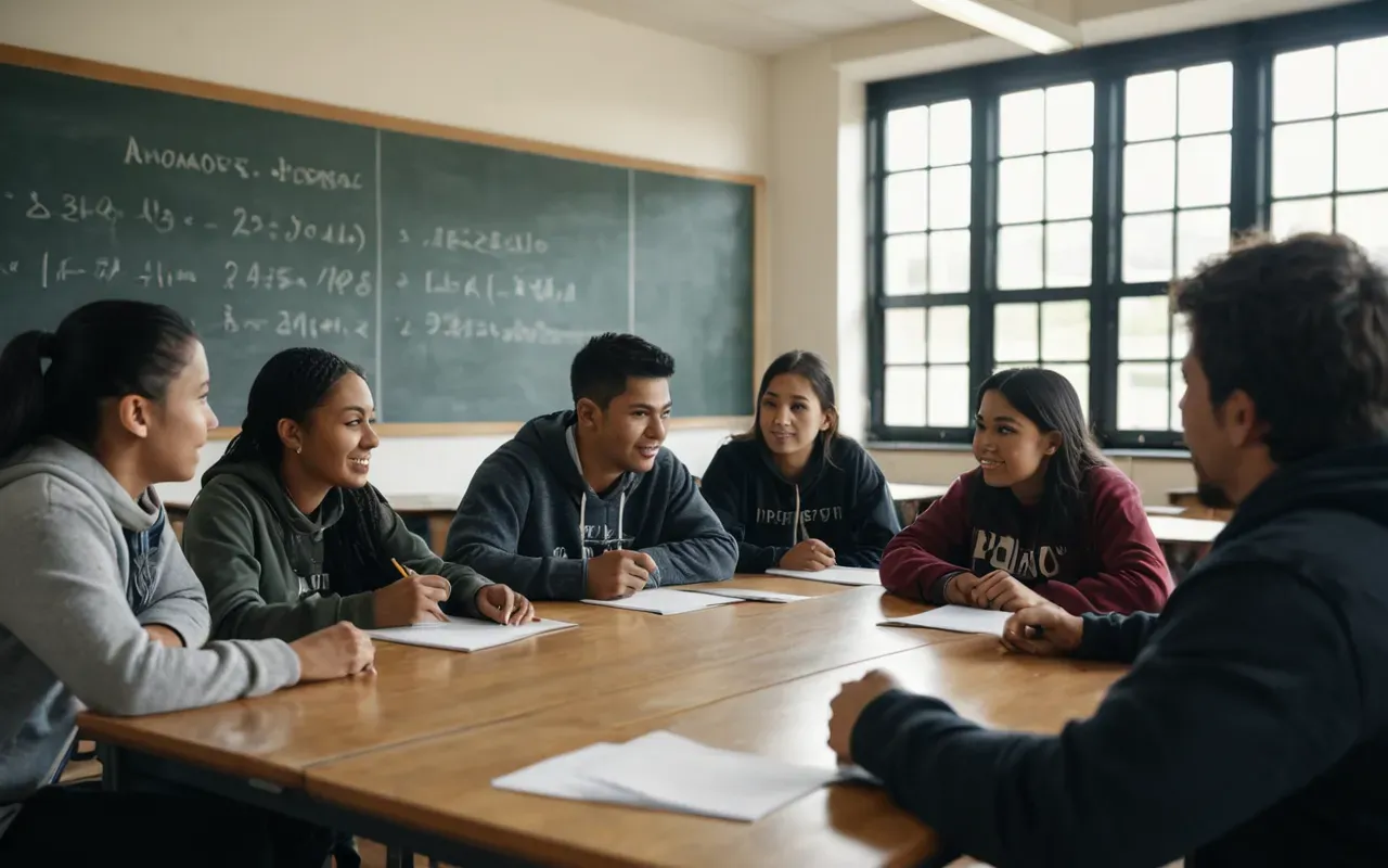 etkileşimli dil dersi ortamı A modern, sunken classroom with diverse students around a table. Natural light from large windows illuminates the space. Students are engaged in lively discussion, using hand gestures and smiling naturally.