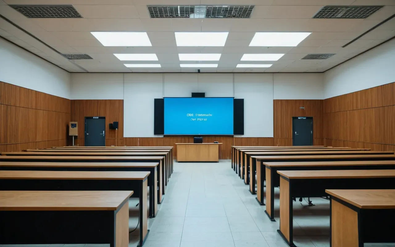 A modern university lecture hall with empty wooden desks and a projector screen in the back. The room is brightly lit by large windows showing a clear blue sky outside. No people are visible, just neat rows of chairs facing forward.