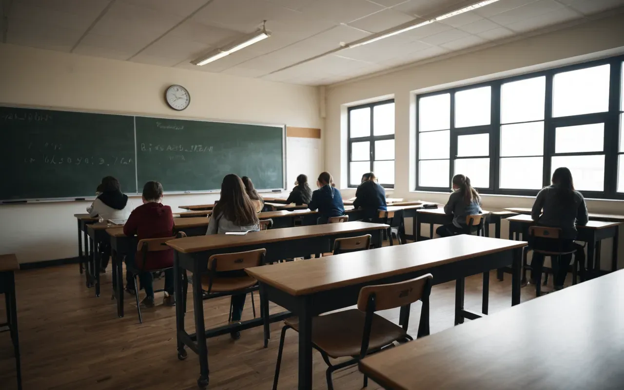 A modern, well-lit classroom with rows of students focusing intently on their work. The room features large windows letting in natural light and minimalistic wooden furniture.