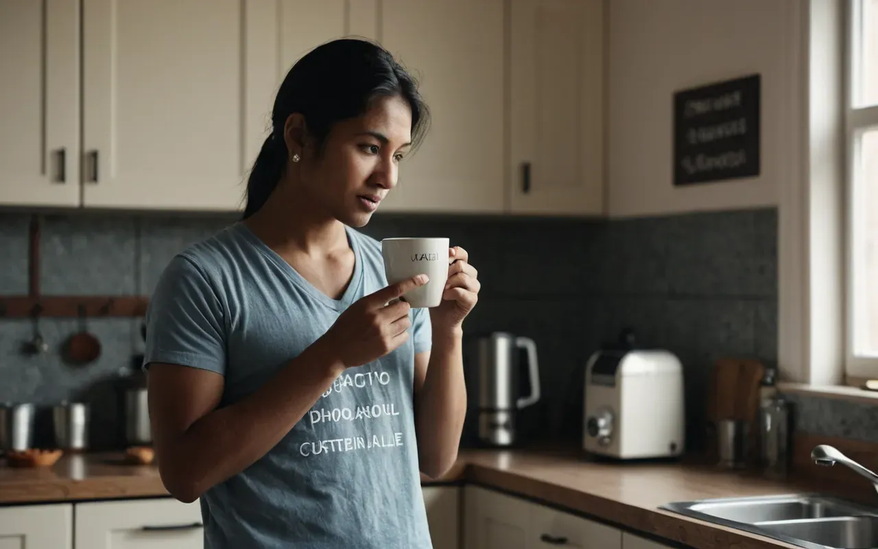 A person stands in a small kitchen holding a cup. They are speaking softly with one hand gesturing near their chest. The room is simple and modern.