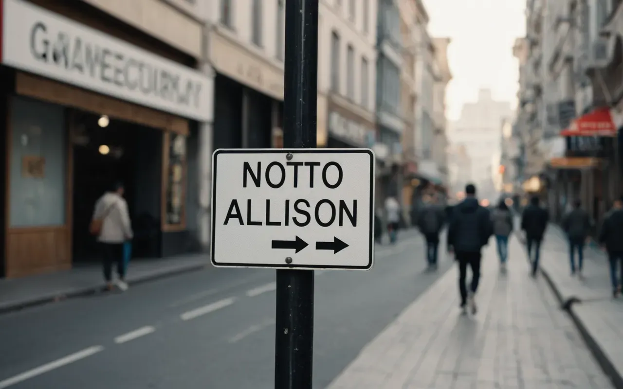 A person walking in a modern city street with blurred buildings in the background, soft morning light and neutral color palette