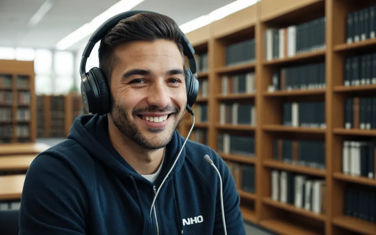 gürültü önleyici dil pratik ortamı A person wearing noise-cancelling headphones sitting in a quiet modern library. The individual is smiling while speaking into the microphone.
