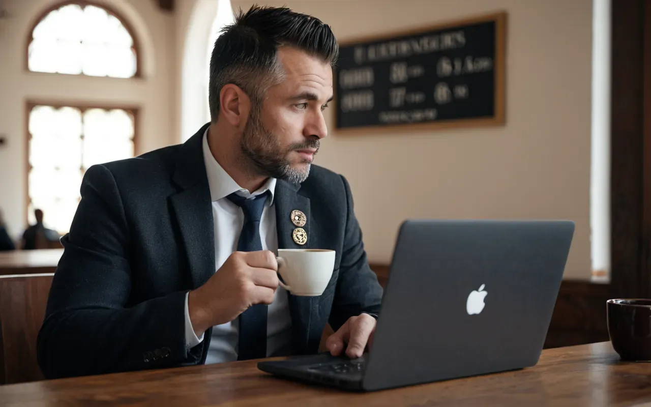 A professional adult wearing a blazer sitting at a wooden desk. He is looking up from his laptop with a thoughtful expression while holding a coffee cup near his face.