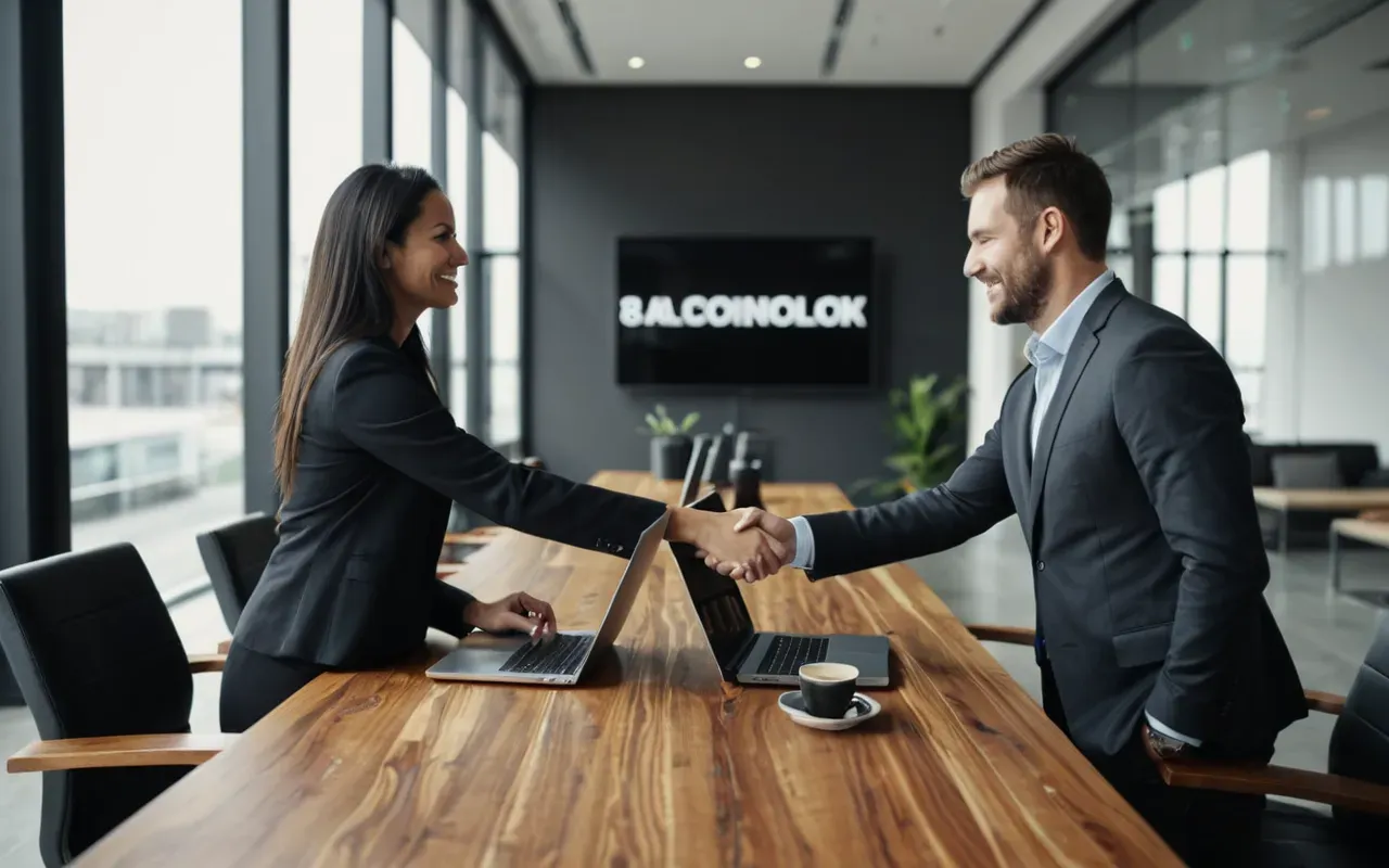 A professional meeting in a modern office space with large glass walls. Two individuals are shaking hands across a sleek wooden table. Laptops and coffee cups are visible on the desk but no screens show text. The lighting is bright and natural, creating an optimistic business atmosphere.