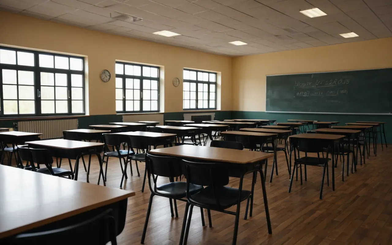 A wide shot of a modern language classroom with empty desks and chairs arranged in rows. Sunlight streams through large windows onto the wooden floor. The room is clean and organized, ready for students to arrive.