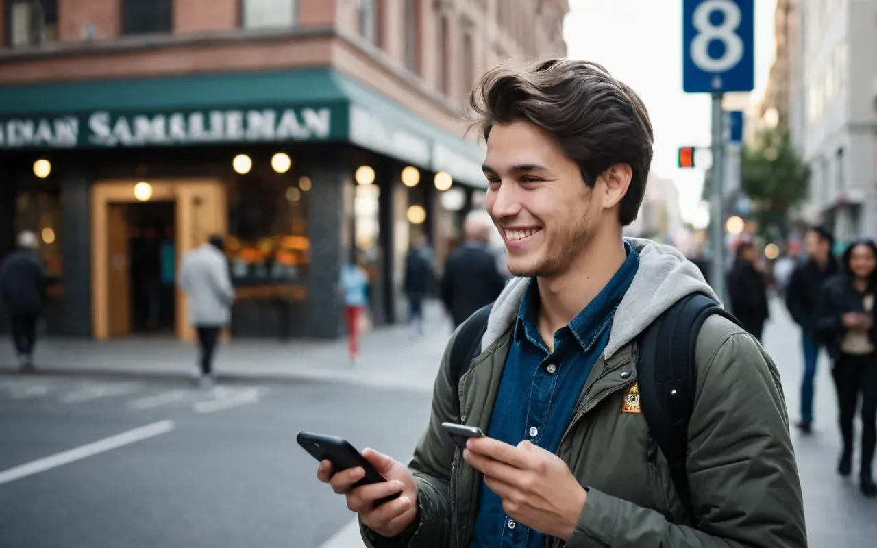 A young adult student in casual modern clothing stands on a busy city street corner, holding a smartphone and smiling while engaging in conversation with an older local shopkeeper. The background features generic urban architecture with neutral colors, soft afternoon sunlight casting long shadows, and a relaxed, friendly atmosphere. No text or signage is visible.
