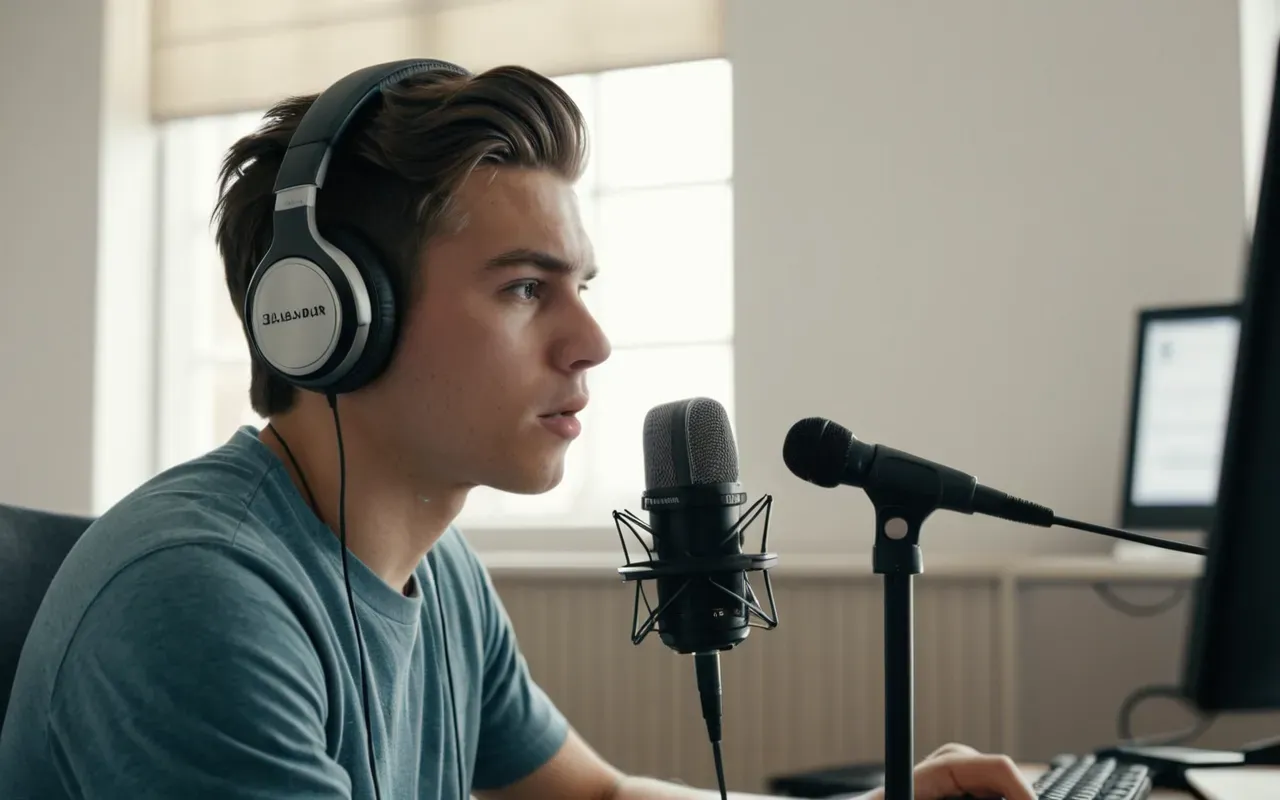 konuşma pratiği zorluğu A young person sitting at a modern desk looking frustrated while trying to speak into a microphone with headphones on in a bright room.