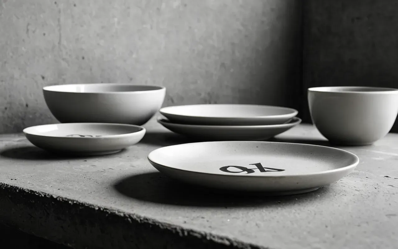 Clean editorial still life of ceramic dishware on a concrete surface, diffused soft light, monochrome neutral tones