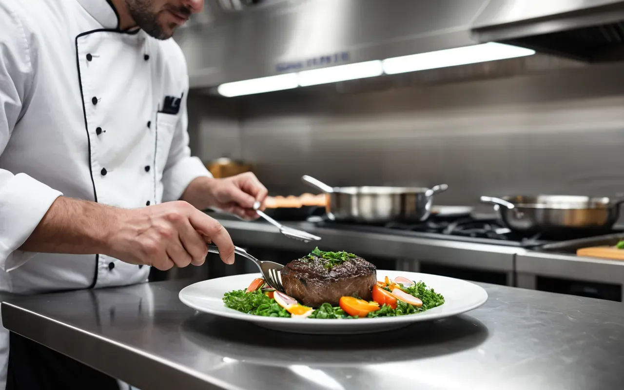 Close-up of a chef plating contemporary cuisine in a clean stainless-steel professional kitchen, shallow depth of field