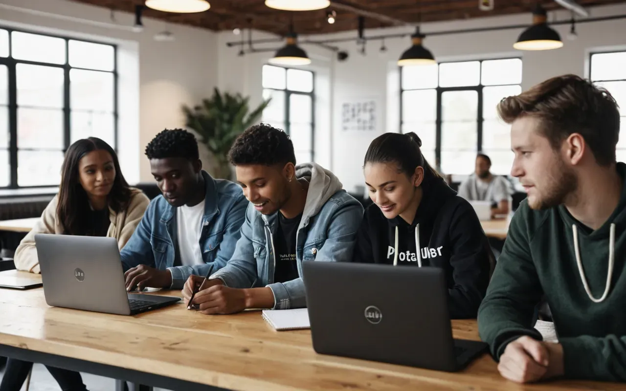 çevrimiçi dil öğrenme Close up of a diverse group of young adults collaborating around a table with laptops and notebooks in a bright modern co-working space, natural light reflecting off glass surfaces, candid editorial style.