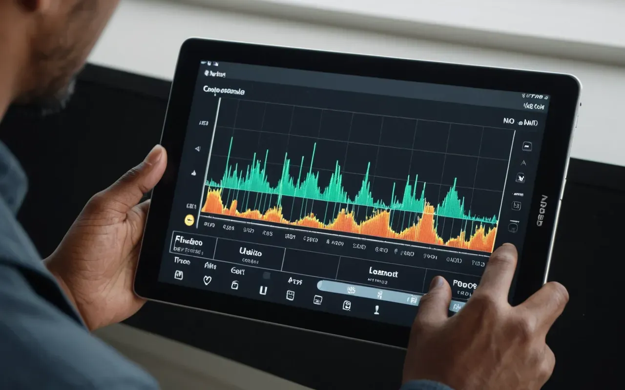 dijital dil öğrenme araçları Close-up of a hand holding a modern tablet displaying language learning app interface with progress charts and audio waveforms, soft studio lighting, clean editorial style