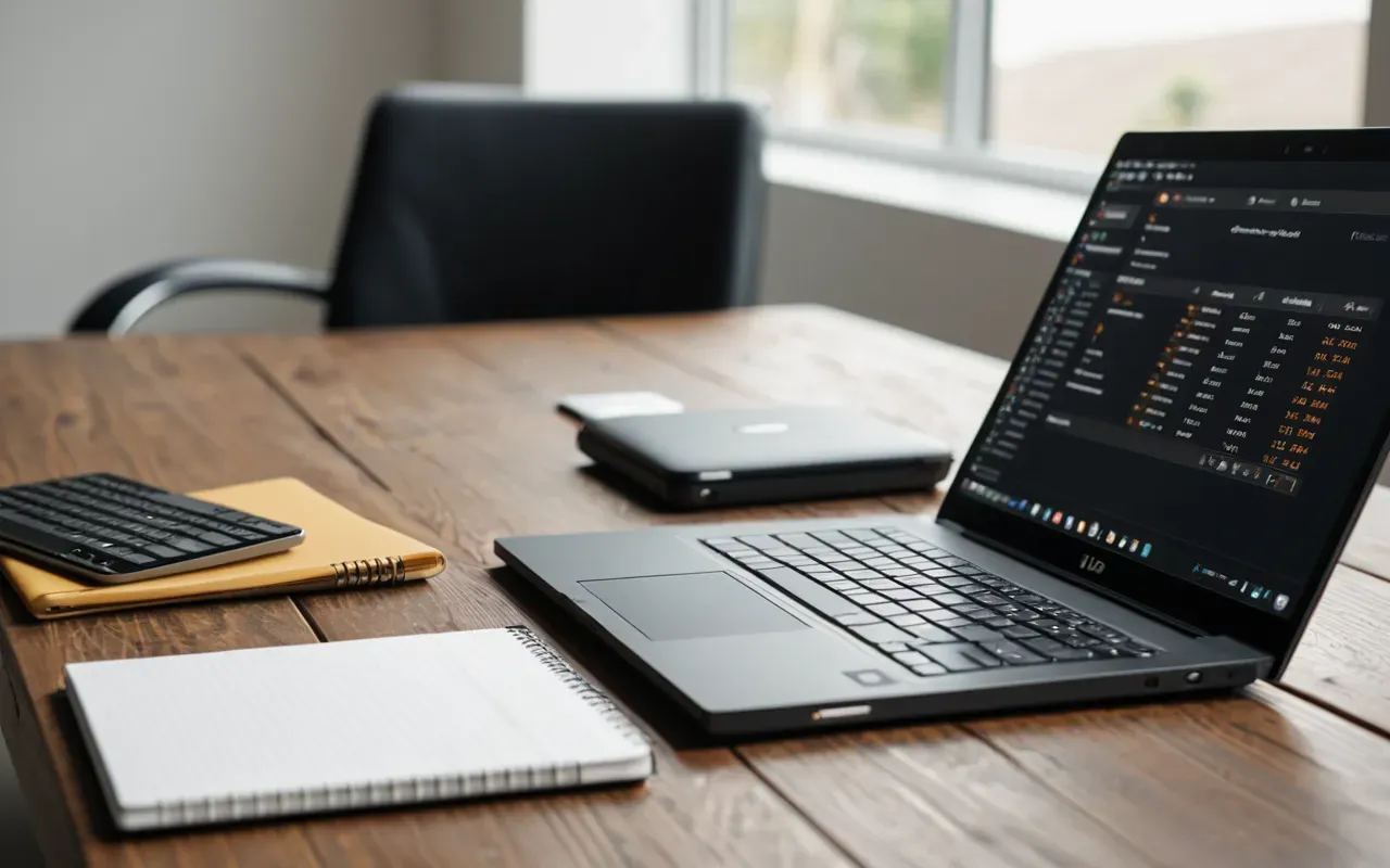 Close-up of a modern desk setup with a laptop, notebook, and pen on a clean wooden surface under soft natural light in a bright contemporary workspace.