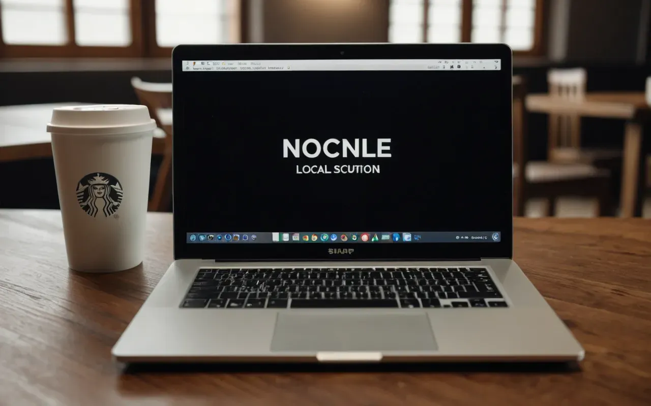 Close-up of a modern laptop on a clean wooden desk with a ceramic coffee cup and soft diffused lighting