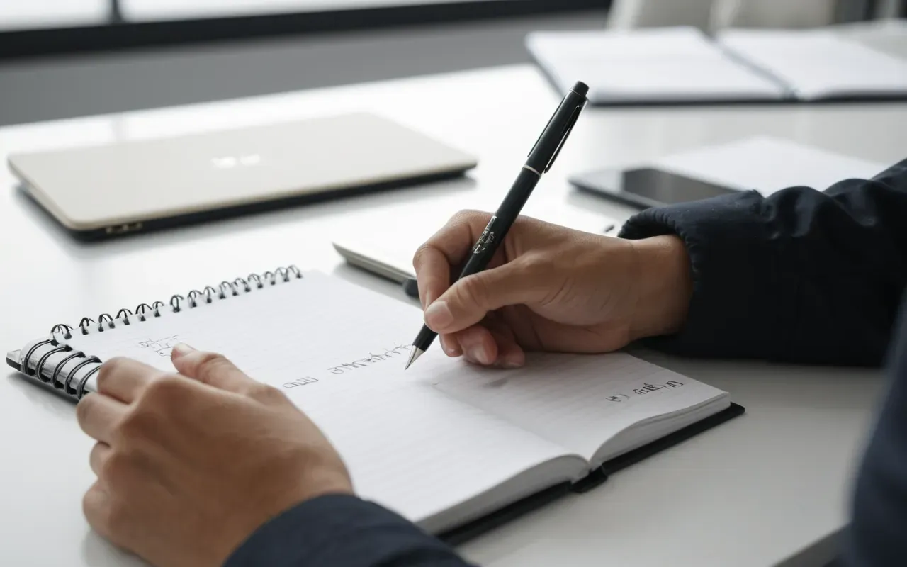 Close up of a person writing in a notebook with a pen on a clean white desk, soft focus background showing blurred modern office elements