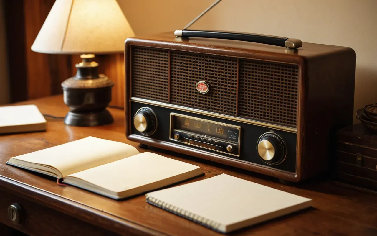 Close-up of a vintage radio device on a wooden table next to an open notebook with blank pages, warm lighting from a desk lamp in the background, nostalgic atmosphere without any visible text or branding