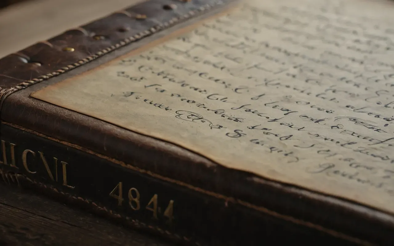 Close-up of an antique leather-bound ledger with faded ink writing and a brass pen resting on top, soft natural light from the side