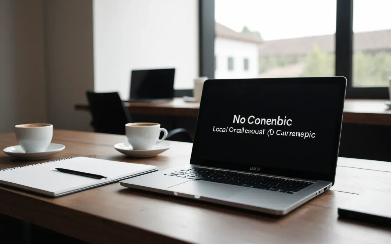 çevrimiçi dil kursları Editorial photograph of a modern laptop on a clean desk with a coffee cup and notebook, soft morning light creating gentle shadows, minimalist workspace aesthetic without any visible text or logos.