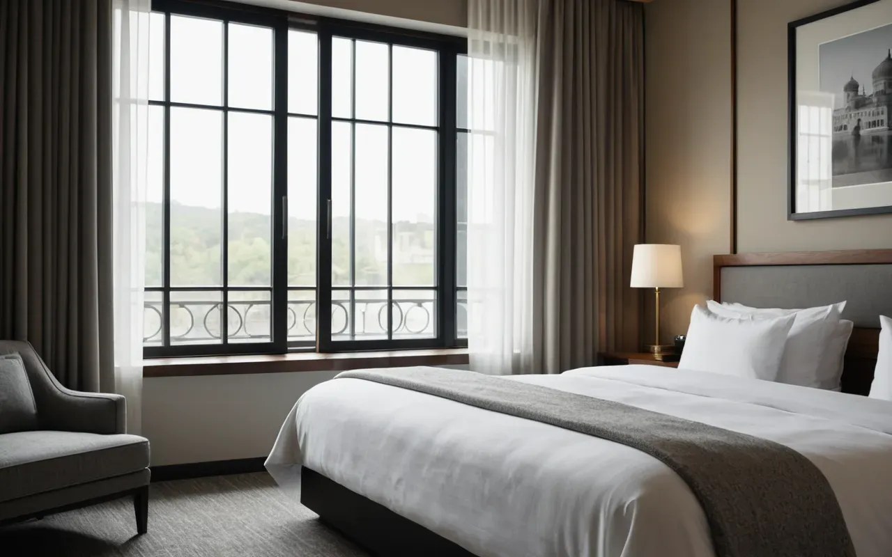 Interior of a modern boutique hotel suite with made bed, neutral linens, and large windows, soft morning light