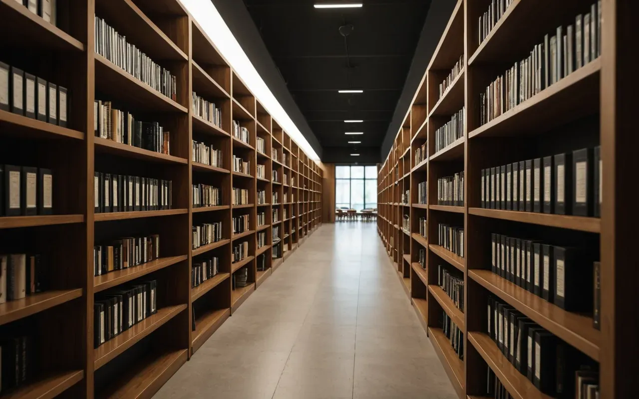 Interior of a modern minimalist library with tall wooden shelves and warm ambient lighting, clean editorial photography