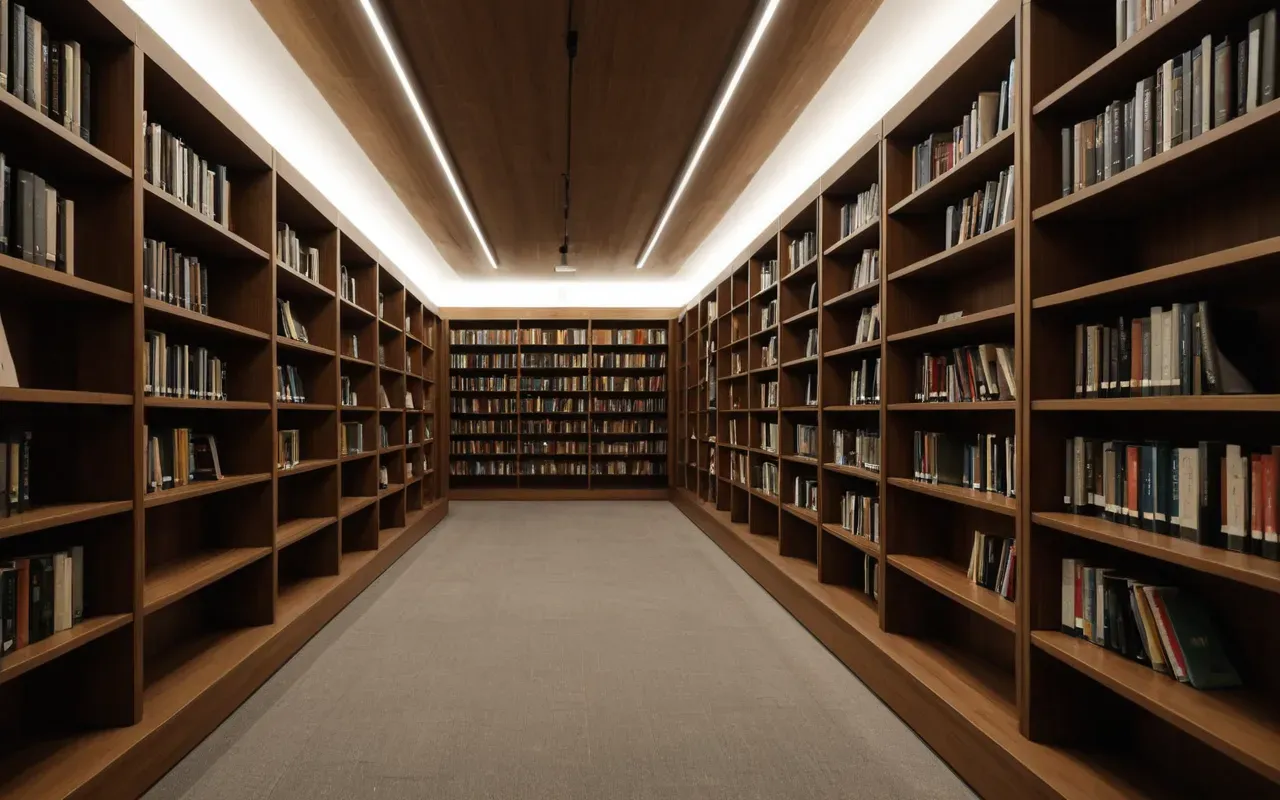 Interior of a modern minimalist library with wooden shelves and warm ambient lighting, rows of books neatly arranged but no visible text on spines, clean composition
