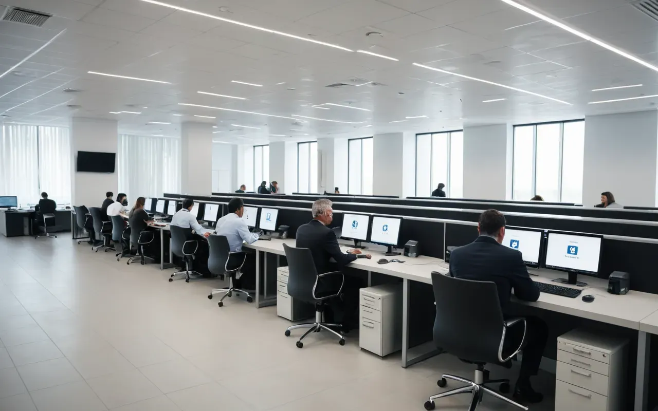 Modern a digital testing center with rows of sleek computer stations. Several people are seated at the desks wearing professional business attire. The room is brightly lit by overhead fluorescent lights and large windows revealing a bright cityscape outside.