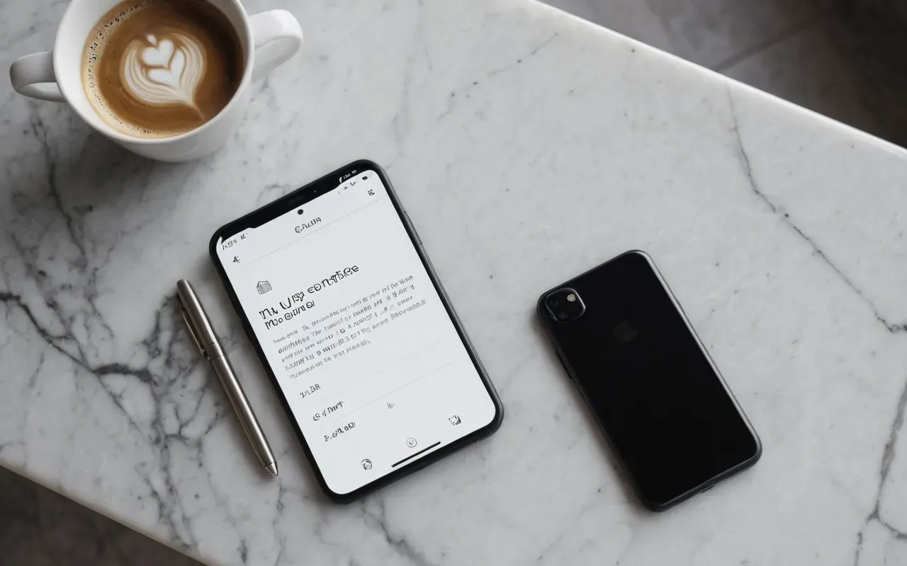 Overhead shot of a modern smartphone on a marble surface next to a cup of coffee and a stylus pen, clean minimalist composition with soft natural light from the side window