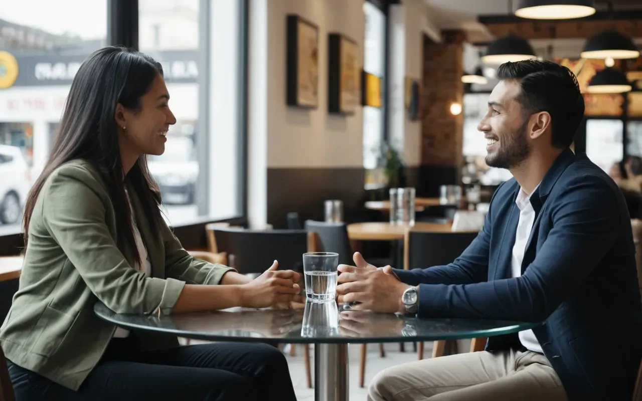 ingilizce konusma pratigi Two individuals sitting at a round glass table in a bright modern cafe setting. They are engaged in an animated conversation with expressive hand gestures while holding coffee cups.