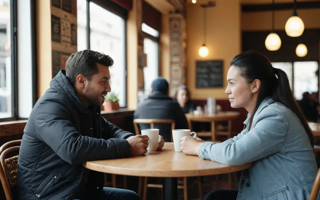 Two people sit at a small round table in a bright cafe. One is leaning forward speaking while the other listens with relaxed hands on the table.