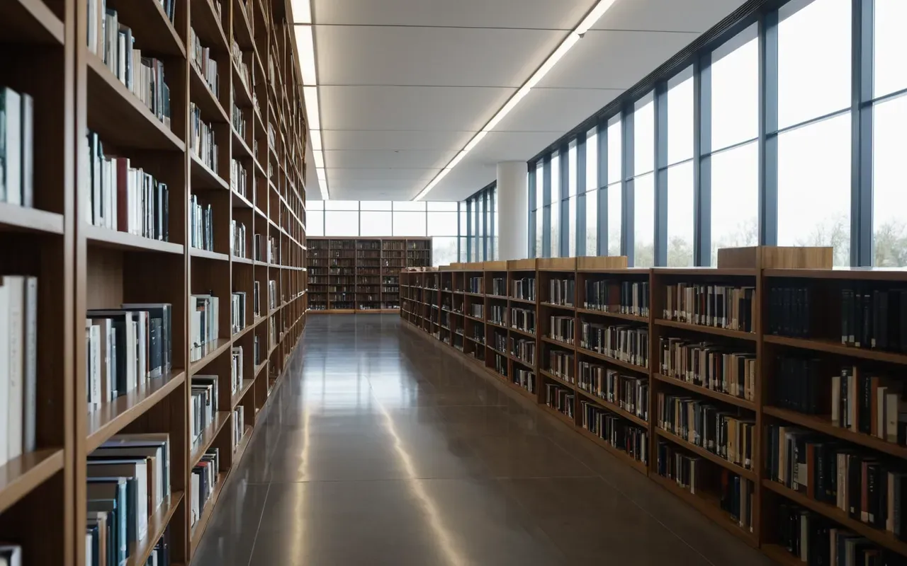 Wide editorial photograph of a modern minimalist library interior with tall bookshelves filled with neatly organized books, soft diffused natural light from skylights above, clean white and gray color palette