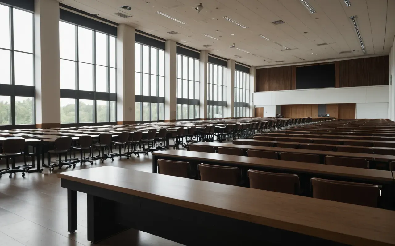 Wide editorial photograph of a modern university lecture hall with wooden desks and soft natural light streaming through large windows, neutral tones